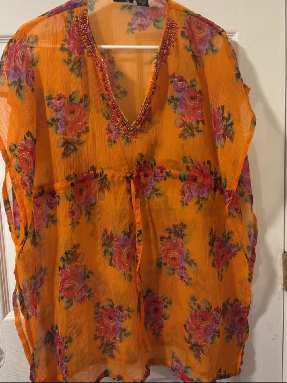 Raviya Orange Floral V-Neck Beaded Tunic